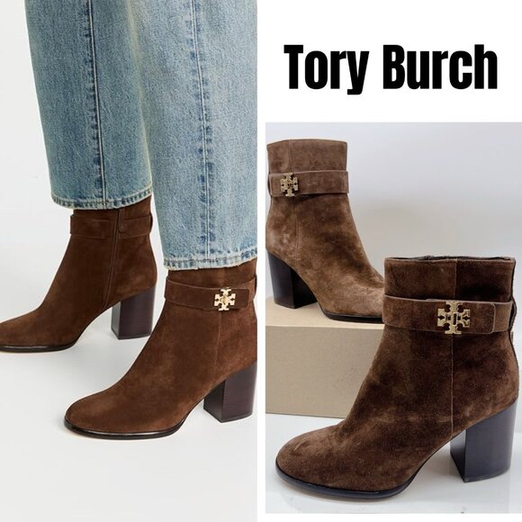 Tory Burch 80 mm T Lock Heeled Ankle Boots Mustang Brown Suede Side Zip US 8 - Picture 1 of 13